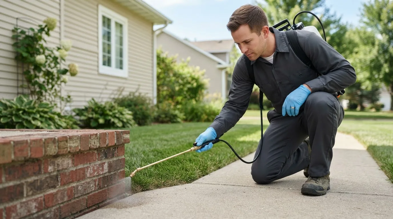 Pest control technician treating a home near Clinton, CT